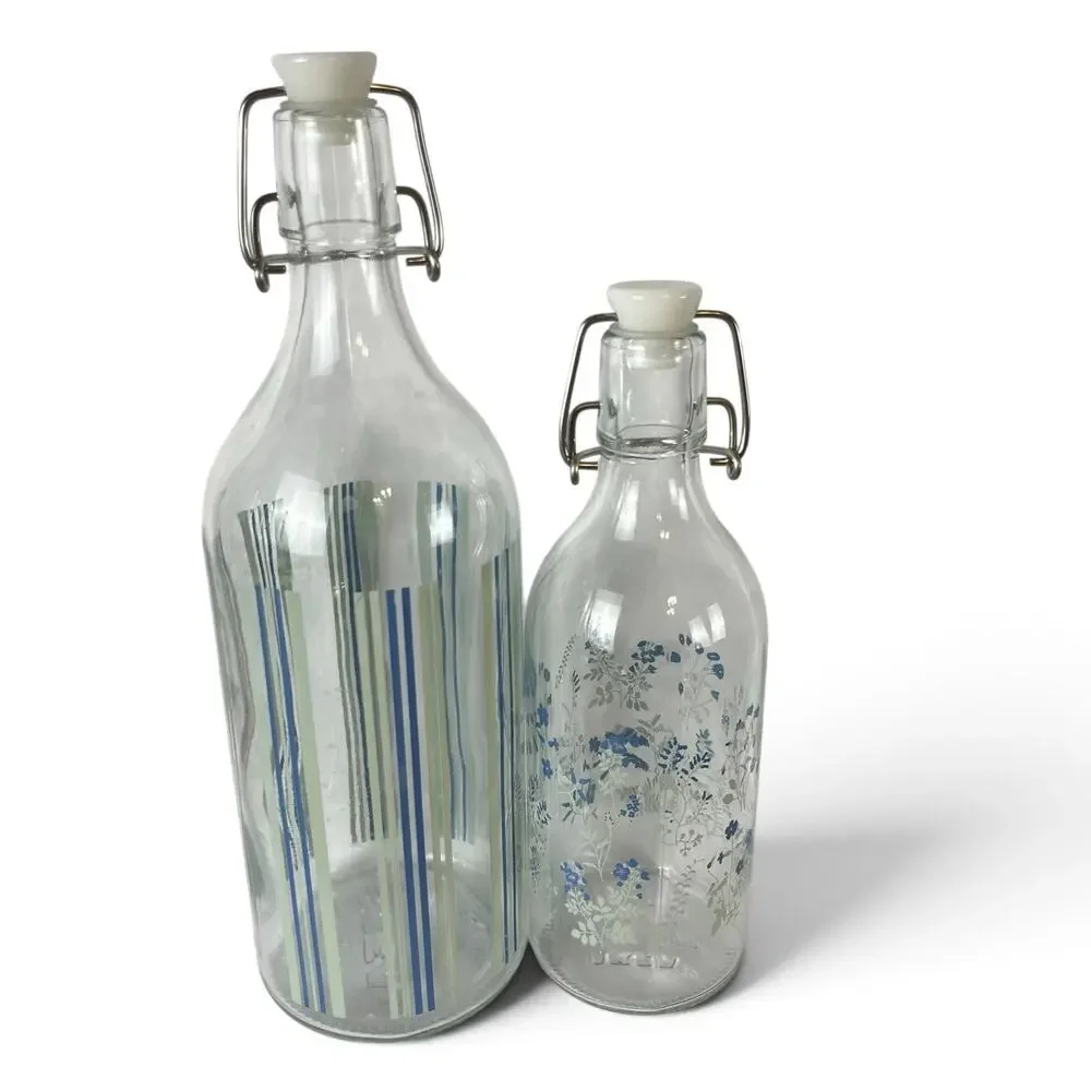 Set Of 2 Retired IKEA KORKEN Glass Bottles w/ Stopper Blue Green Floral Stripes
